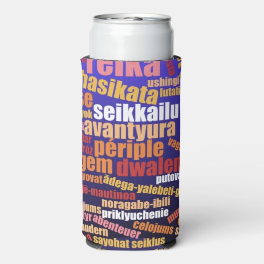 Kleurrijke reis in veel talen Word Cloud Seltzer Blikjeskoeler (Seltzer Achterkant)