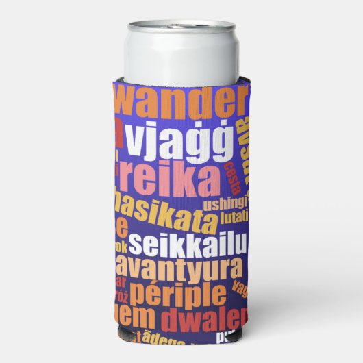 Kleurrijke reis in veel talen Word Cloud Seltzer Blikjeskoeler (Seltzer Voorkant)