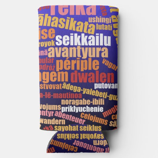Kleurrijke reis in veel talen Word Cloud Seltzer Blikjeskoeler (Achterkant)