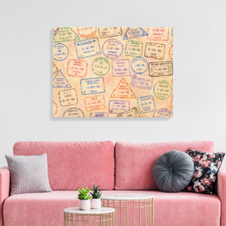Kleurrijke Reisephemera met Vintage Paspoortstempe Canvas Afdruk