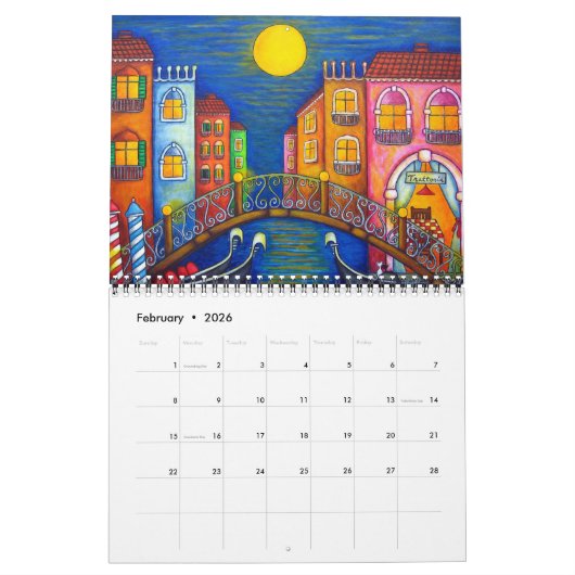 Kleurrijke reizen 2-pagina kalender door Lisa Lore (Feb 2026)