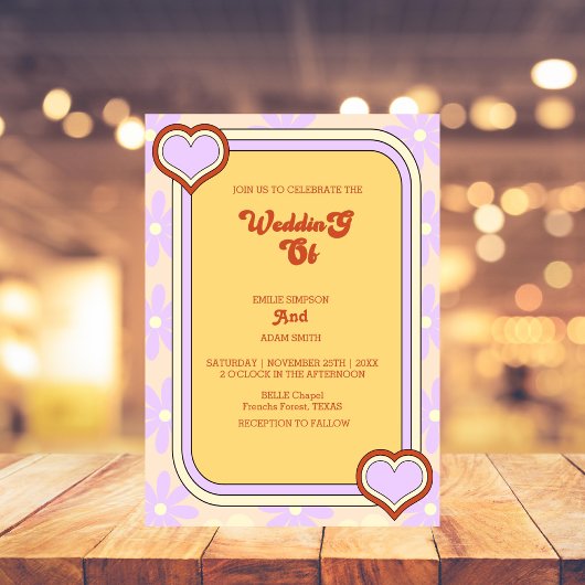 Kleurrijke retro  70s bruiloft kaart