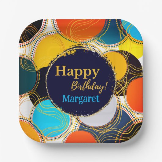 Kleurrijke Retro Abstracte Gelukkige Verjaardag Pe Papieren Bordje (Voorkant)
