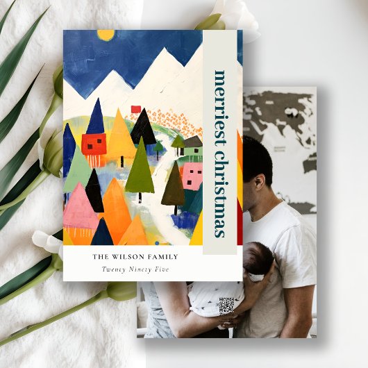 Kleurrijke Retro Abstracte Kerstmis Landschapsfoto Feestdagenkaart