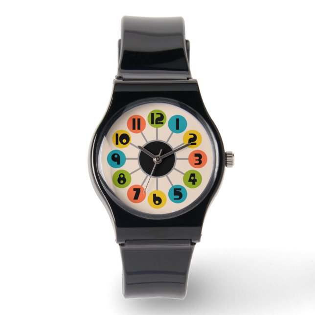 Kleurrijke Retro Atomic Mid Century Modern Horloge (Voorkant)