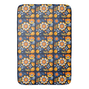 Kleurrijke Retro Bloem Illustratie in Oranje en Bl Badmat