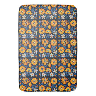 Kleurrijke Retro Bloem Illustratie in Oranje en Bl Badmat