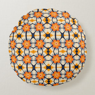 Kleurrijke Retro Bloem Illustratie in Oranje Rond Kussen