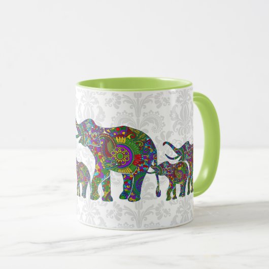 Kleurrijke Retro Bloem Olifant Familie 2 Mok (Voorkant rechts)