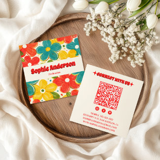 Kleurrijke Retro Bloem QR-code met Rode Typografie Vierkante Visitekaartje