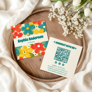 Kleurrijke Retro Bloem QR Code Sociale Media Vierkante Visitekaartje