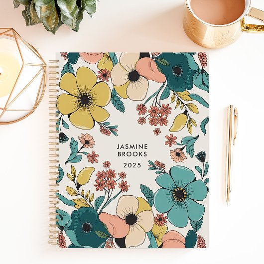 Kleurrijke Retro Bloemen Aangepaste Naam Planner