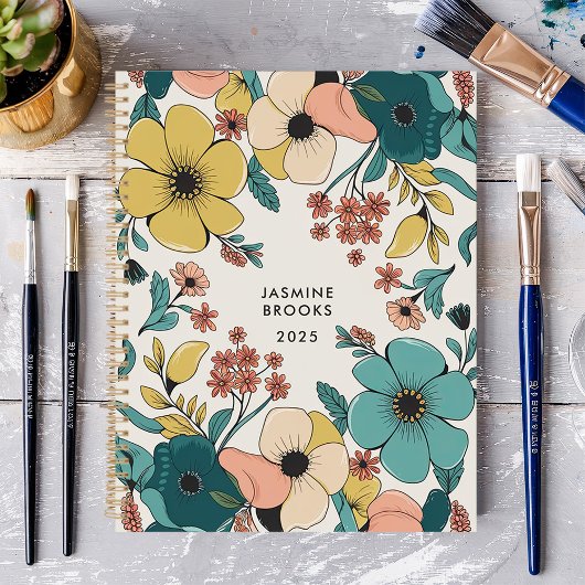 Kleurrijke Retro Bloemen Aangepaste Naam Planner