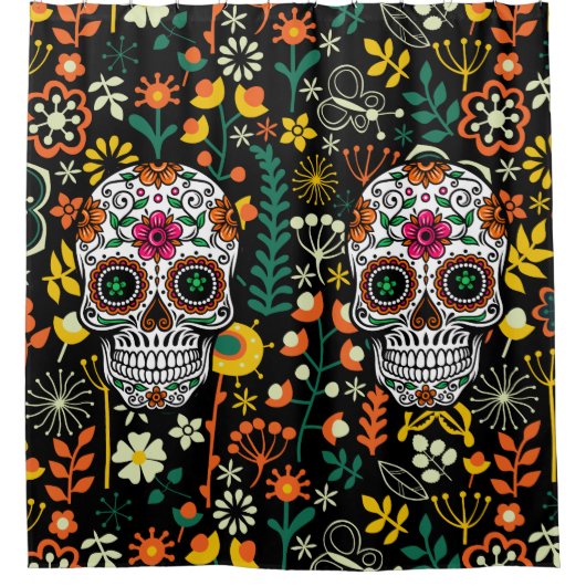 Kleurrijke Retro Bloemen & Bloemen Suikerschedel Douchegordijn (Voorkant)