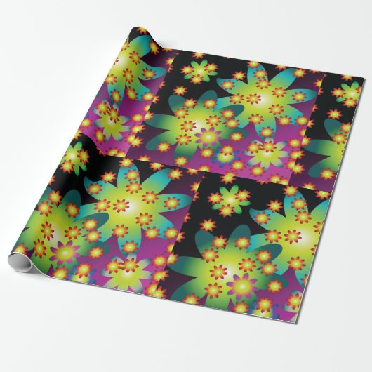 Kleurrijke Retro Bloemen Cadeaupapier (Uitgerold)