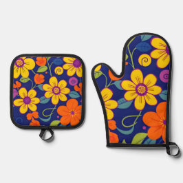 Kleurrijke Retro bloemen-Dopamine stijl Ovenwant & Pannenlap Set