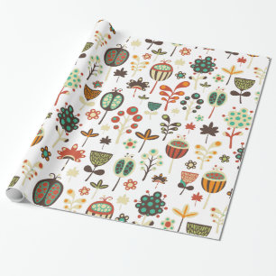 Kleurrijke retro bloemen en bladpatroon cadeaupapier