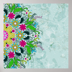 Kleurrijke retro bloemen en zwanen. poster