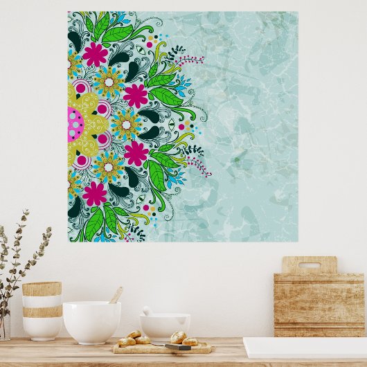 Kleurrijke retro bloemen en zwanen. poster (Keuken)