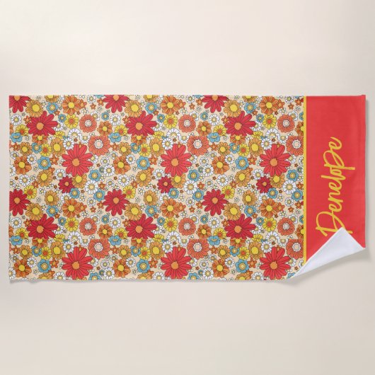Kleurrijke Retro Bloemen - Gepersonaliseerd Strandlaken (Voorkant)