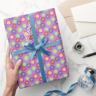 Kleurrijke Retro Bloemen in Paars Roze Groen Cadeaupapier