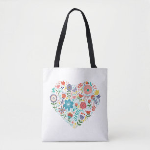 Kleurrijke retro bloemen leuke hart illustratie tote bag