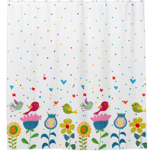 Kleurrijke retro bloemen & leuke vogels douchegordijn (Voorkant)