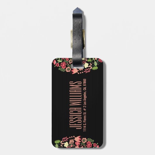 Kleurrijke retro bloemen met zwarte strepen bagagelabel (Achterkant verticaal)