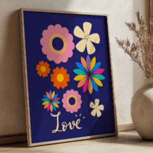Kleurrijke Retro Bloemen op Navy Blauwe Liefde Blo Poster