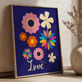 Kleurrijke Retro Bloemen op Navy Blauwe Liefde Blo Poster