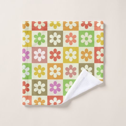 Kleurrijke Retro bloemen op schaakbordpatroon Bad Handdoek (Wasdoekje)