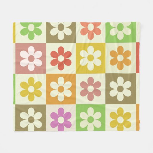 Kleurrijke Retro bloemen op schaakbordpatroon Fleece Deken (Voorkant (Horizontaal))