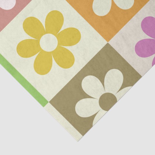 Kleurrijke Retro bloemen op schaakbordpatroon Tissuepapier (Detail)