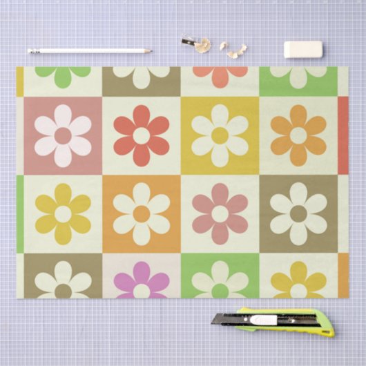 Kleurrijke Retro bloemen op schaakbordpatroon Tissuepapier (Craft)