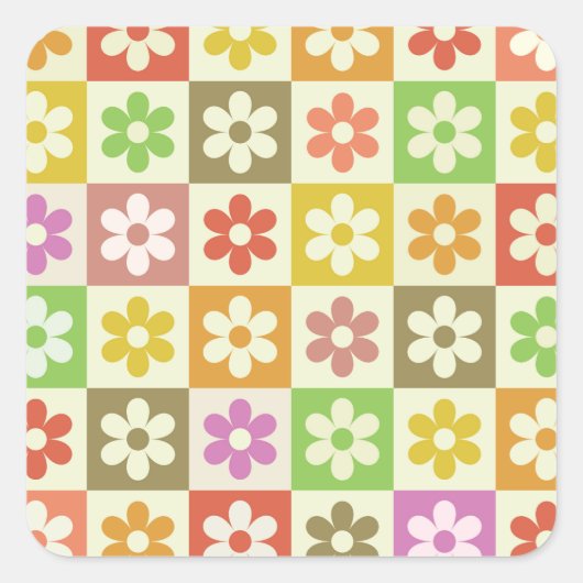 Kleurrijke Retro bloemen op schaakbordpatroon Vierkante Sticker (Voorkant)