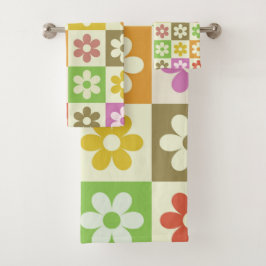 Kleurrijke Retro Bloemen op Schachbrettpatroon Bad Handdoek