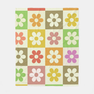 Kleurrijke Retro Bloemen op Schachbrettpatroon Fleece Deken