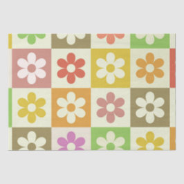 Kleurrijke Retro Bloemen op Schakenbord Patroon Tissuepapier