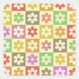Kleurrijke Retro Bloemen op Schakenbord Patroon Vierkante Sticker
