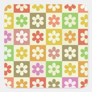 Kleurrijke Retro Bloemen op Schakenbord Patroon  Vierkante Sticker