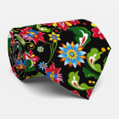 Kleurrijke Retro Bloemen Patroon op zwart Stropdas (Opgerold)