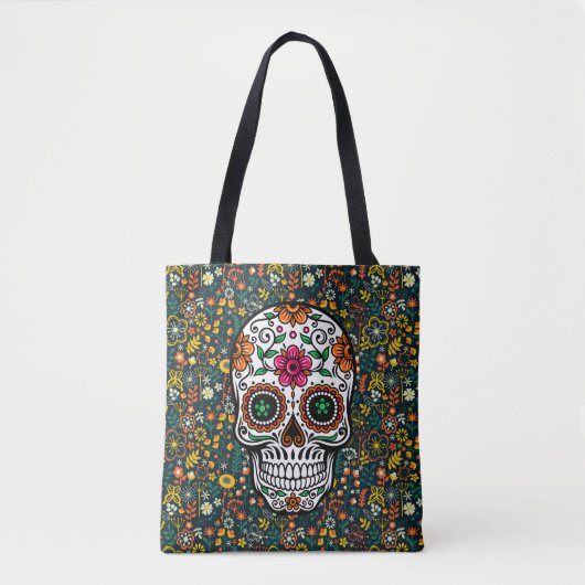 Kleurrijke Retro Bloemen Patroon & Suikerschedel Tote Bag (Voorkant)