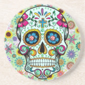 Kleurrijke Retro Bloemen Schedel 3 Zandsteen Onderzetter (Voorkant)