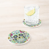 Kleurrijke Retro Bloemen Schedel 3 Zandsteen Onderzetter (Zijkant)