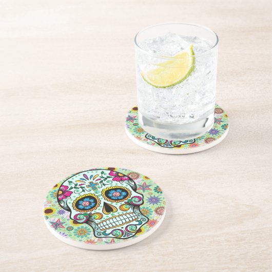 Kleurrijke Retro Bloemen Schedel 3 Zandsteen Onderzetter (Zijkant)