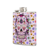 Kleurrijke Retro Bloemen Schedel Roze Tint 2 Heupfles (Links)