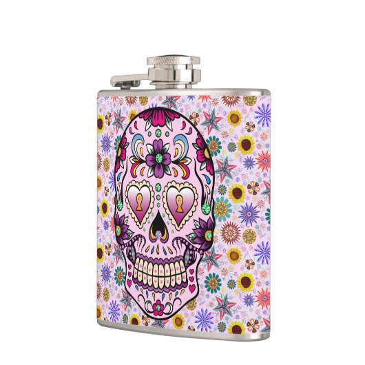 Kleurrijke Retro Bloemen Schedel Roze Tint 2 Heupfles (Links)