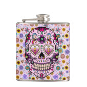 Kleurrijke Retro Bloemen Schedel Roze Tint 2 Heupfles (Voorkant)