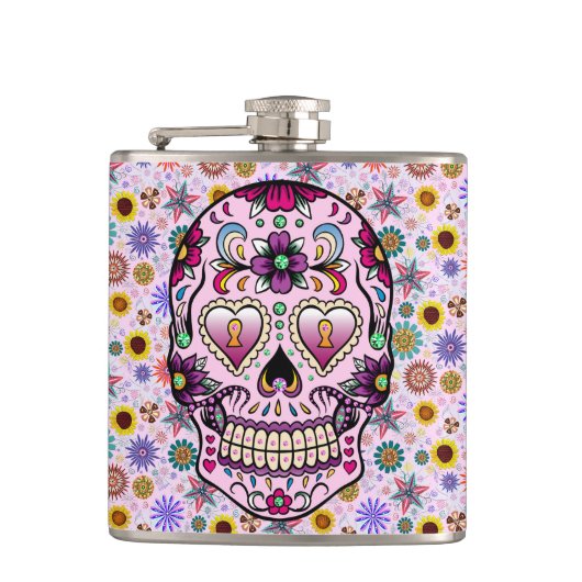 Kleurrijke Retro Bloemen Schedel Roze Tint 2 Heupfles (Voorkant)