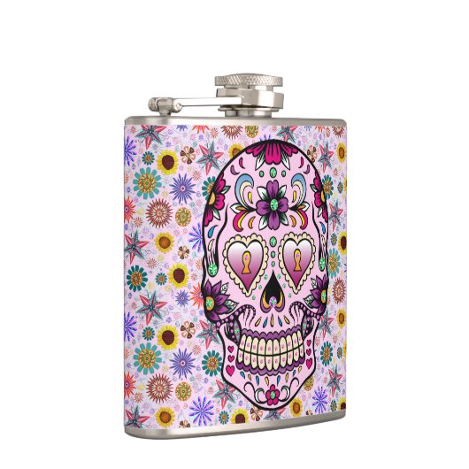 Kleurrijke Retro Bloemen Schedel Roze Tint 2 Heupfles (Rechts)